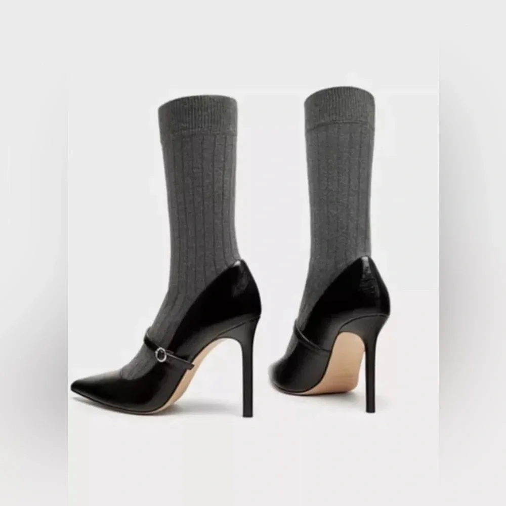 New with Tag Zara High Heel Stilletoes Sock Style Court Sock Shoes Black Sz 6👠 - Picture 6 of 9